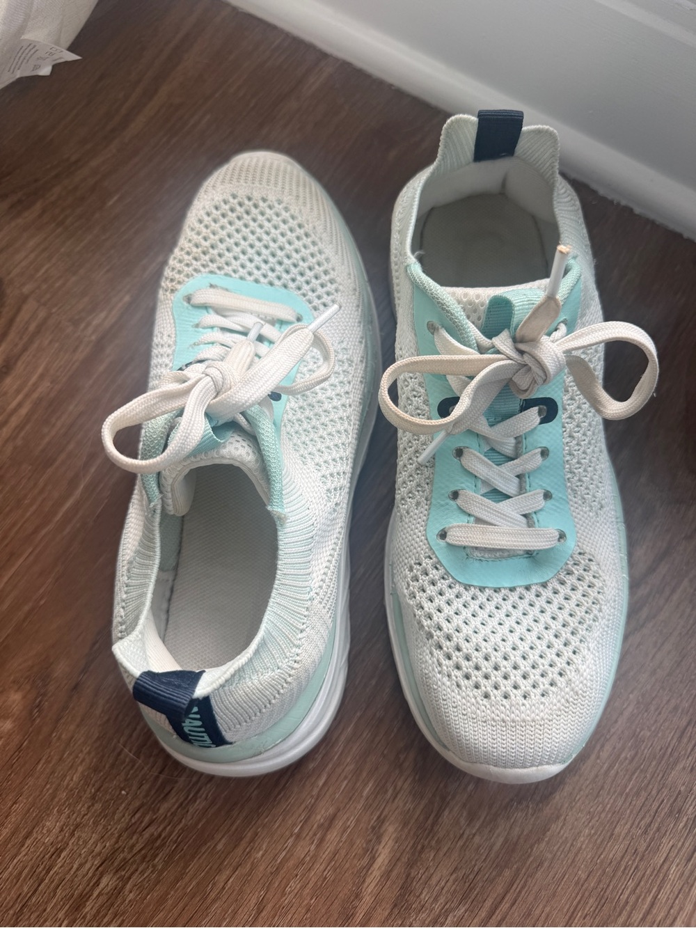 Nautica Women's White and Light Aqua Knit Lace-Up Sneakers